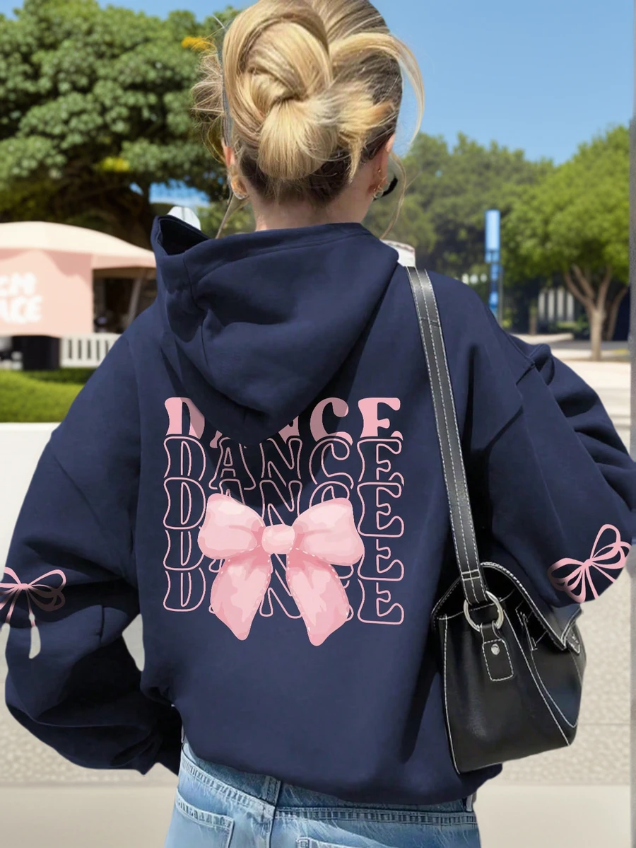 1件少女休闲印花套头卫衣,保暖内衬,长袖,秋冬季学生服装 - 藏蓝色 - 查看 1