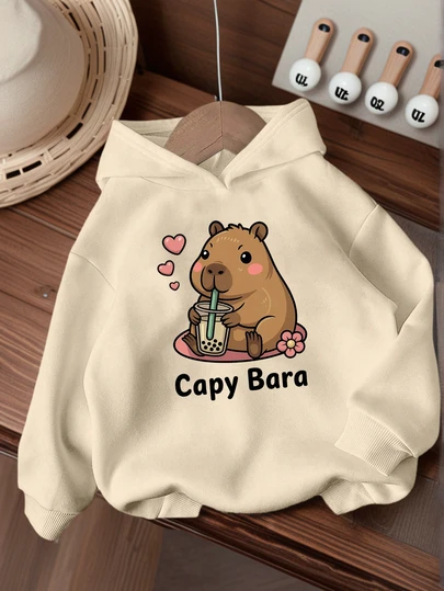 1件少女休闲印花套头卫衣，保暖内衬，长袖，秋冬季