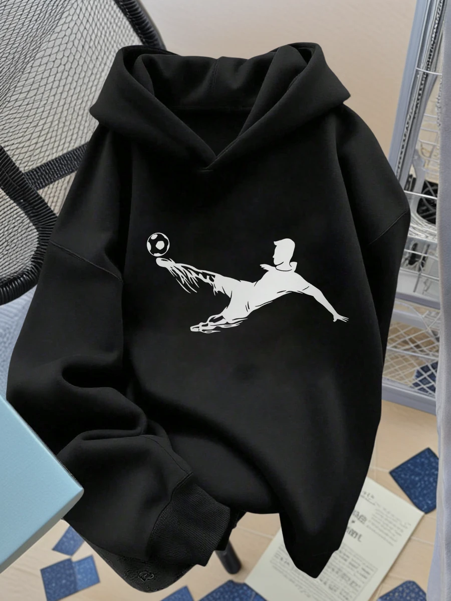 1pc Tween Boys' Casual Printed Pullover Sweatshirt, Thermal Lined, Long Sleeve, Autumn/Winter - Black - View 1