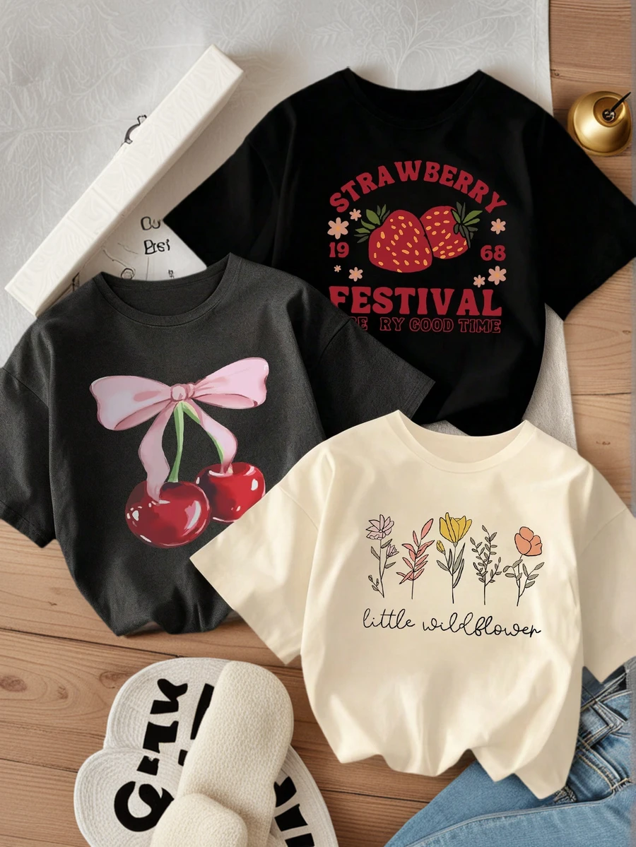 3 chiếc áo thun cổ tròn tay ngắn in họa tiết thường ngày cho bé gái, áo mùa hè - Nhiều màu - Xem 1