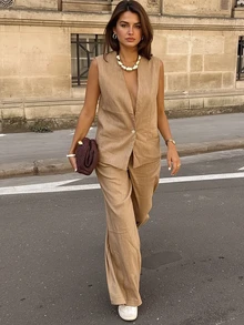 2-Piece Elegant Women's Linen Blend Blazer Suit Set, Includes Sleeveless Vest And Trousers - Camel - View 2