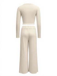 Ladies' Slim Fit Long Sleeve Top And Wide Leg Pants 2-Piece Set - Khaki - View 3