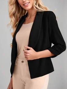 Elegant Women's Black Short Knit Blazer Jacket With 3/4 Ruffle Sleeves, Showcasing Fashionable Charm - Black - View 2