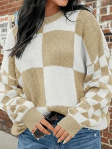 大码女式格子印花圆领宽松休闲套头毛衣，秋冬 - 卡其色 - 查看 1