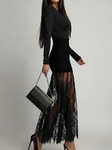 Elegant Women's Long Tight Pencil Skirt, Contrast Lace Detail, Woven Fabric, Non-Stretch, Sexy Design - Black - View 2