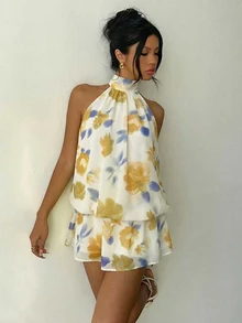 Floral Print Elegant Beach Vacation Chiffon Backless Mini Dress, Suitable For Beach, Holiday, Date, Travel, Everyday Wear Summer - Multicolor - View 4