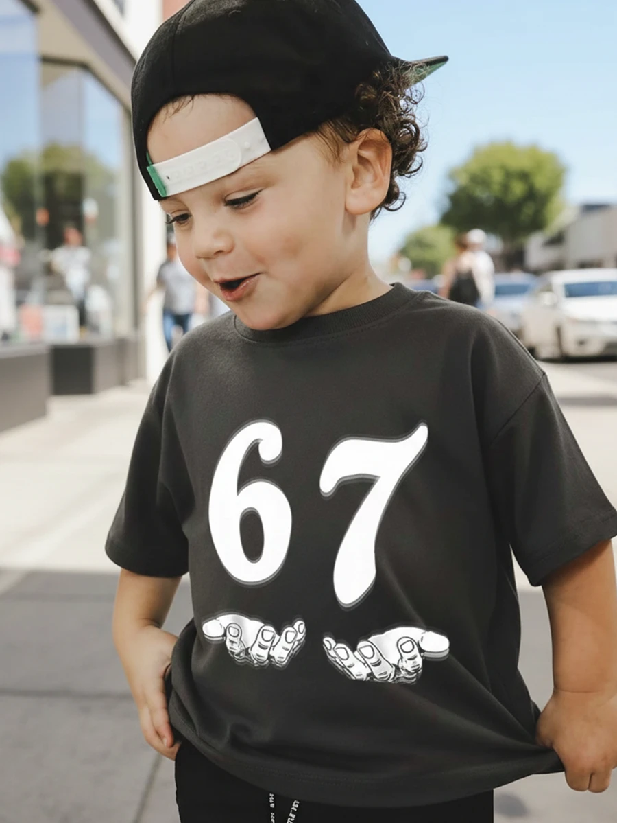 男童休闲印花圆领短袖T恤，夏季上衣 - 深灰色 - 查看 1