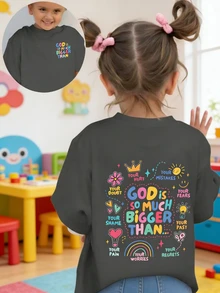 Young Girl Casual Graphic Print Crew Neck Short Sleeve T-Shirt, Summer Top - Dark Grey - View 1