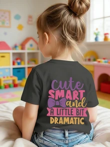 Young Girl Casual Graphic Print Crew Neck Short Sleeve T-Shirt, Summer Top - Dark Grey - View 3