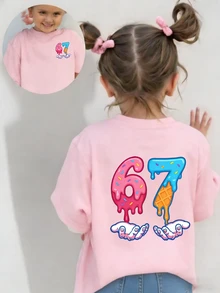 Girls' Creative "67" Ice Cream Cartoon Print T-Shirt, Fashionable Summer Top For Young Girls - Pink - View 1