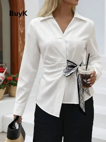 BuyK Women's White Asymmetric Design Long Sleeve Shirt, Paisley Print Side Tie Long Sleeve Ruffle Detail Blouse, Elegant Office Fashion Fitted Shirt - White - View 1