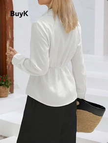 BuyK Women's White Asymmetric Design Long Sleeve Shirt, Paisley Print Side Tie Long Sleeve Ruffle Detail Blouse, Elegant Office Fashion Fitted Shirt - White - View 2