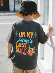 Young Boy Casual Graphic Print Crew Neck Short Sleeve T-Shirt, Summer Top - Dark Grey - View 1