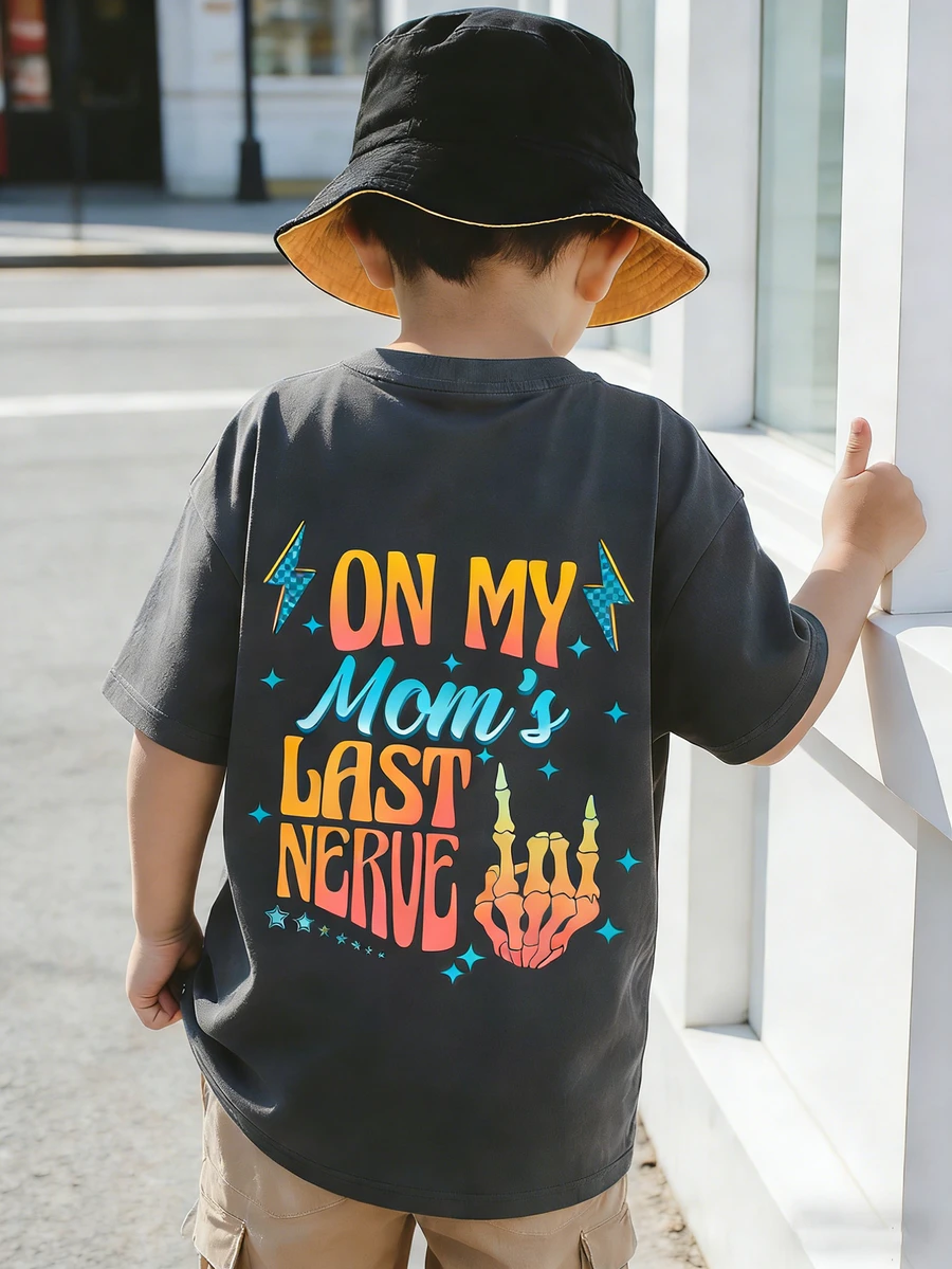 Young Boy Casual Graphic Print Crew Neck Short Sleeve T-Shirt, Summer Top - Dark Grey - View 1