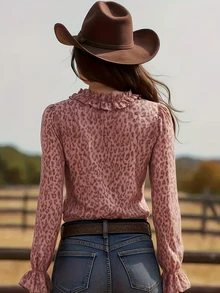 女士秋季西部风豹纹荷叶边长袖上衣 - 彩色 - 查看 2