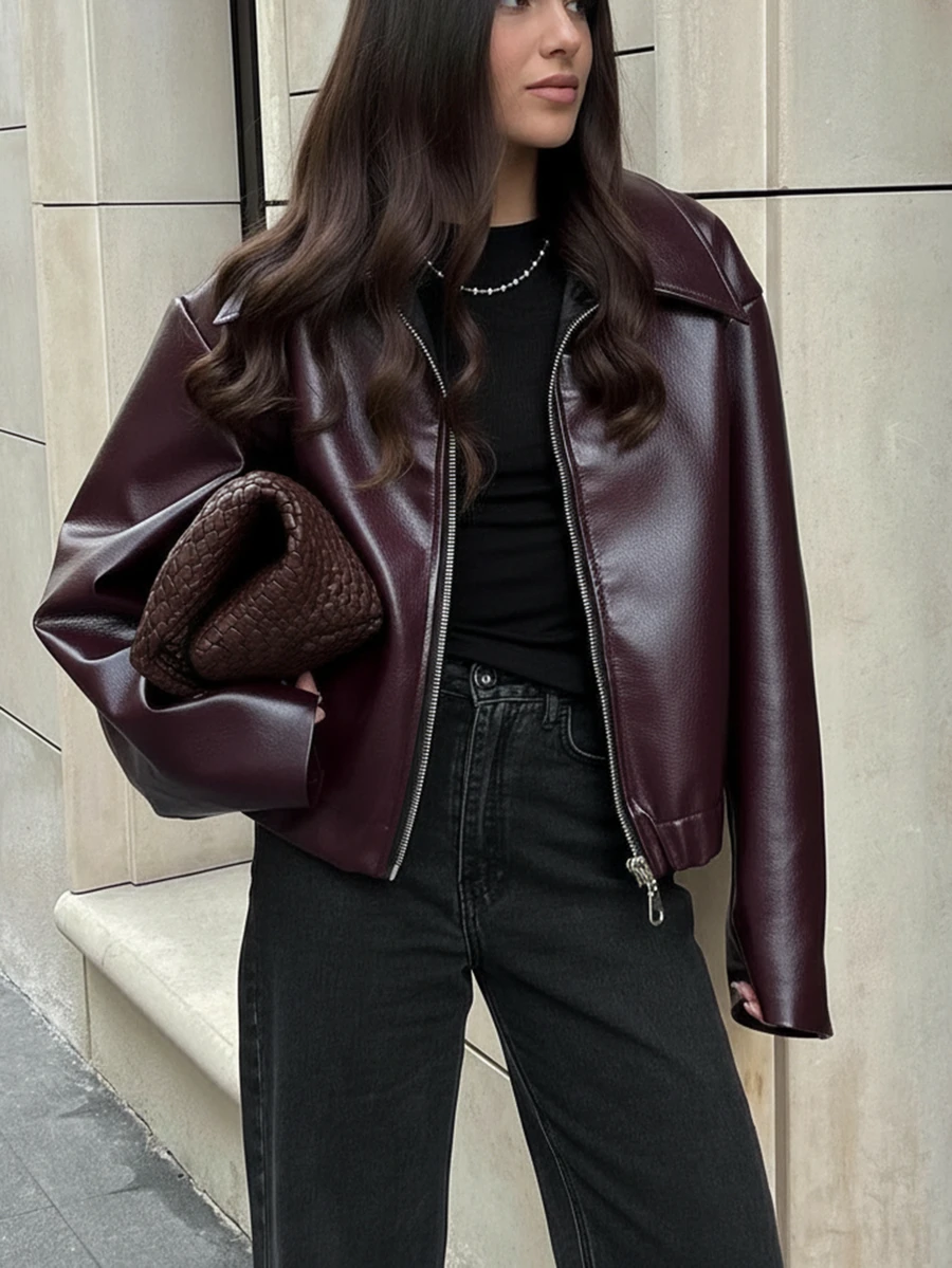 Women's Retro Lapel Long Sleeve Minimalist PU Leather Loose Jacket, Women's Fashion New Distressed Leather Jacket, Autumn Solid Color Zipper Long Sleeve Vintage PU Jacket - Red - View 1