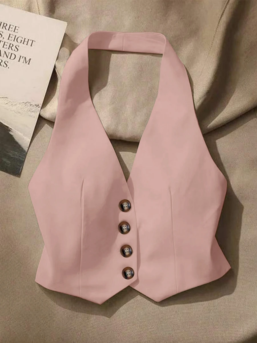 Women's Solid Color Halter Single-Breasted Fashionable Versatile Date Party Top Pink Casual Summer