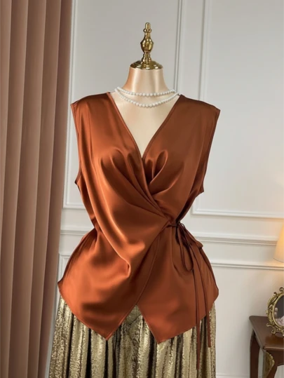 Top sin mangas con tirantes cruzados de unicolor, casual y elegante para uso diario; suave y romántico para vacaciones en la playa; perfecto para el té de la tarde; estilo retro