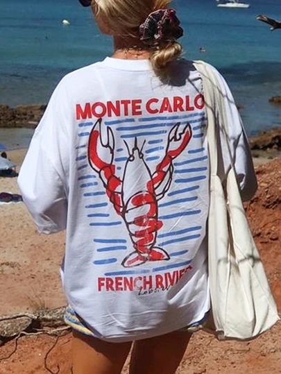 女士“蒙特卡洛法国里维埃拉”龙虾印花休闲宽松柔软棉质透气短袖T恤，适合夏季海滩旅行、游艇派对和日常外出。