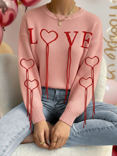 Cute Heart & Letter Print Off-Shoulder Drawstring Cropped Knit Sweater, Pink