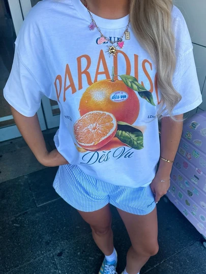 新款夏季女款“天堂”橙色油画风格印花T恤，厚实柔软透气，宽松版型，复古美式短袖T恤，适合机场旅行、城市漫步和与朋友享用早午餐。