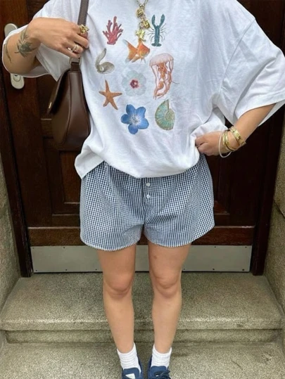 New Summer Women's Ocean Creature Jellyfish & Starfish Print Top, Heavyweight Cotton Soft & Breathable Loose Fit Casual Tee, Suitable For Beach Vacation, Campus, And Daily Wear