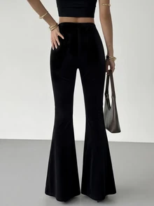 Women's Black Lace Side Patchwork Ruffle Hem Gothic Style Fitted Flare Pants - Black - View 2