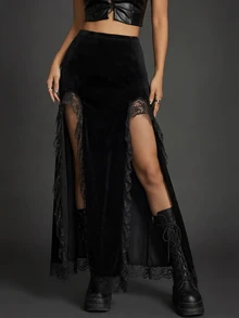Women's Gothic Dark Style Solid Color Party Knitted Fabric High Slit Lace Patchwork Mini Skirt, Spring/Summer - Black - View 1