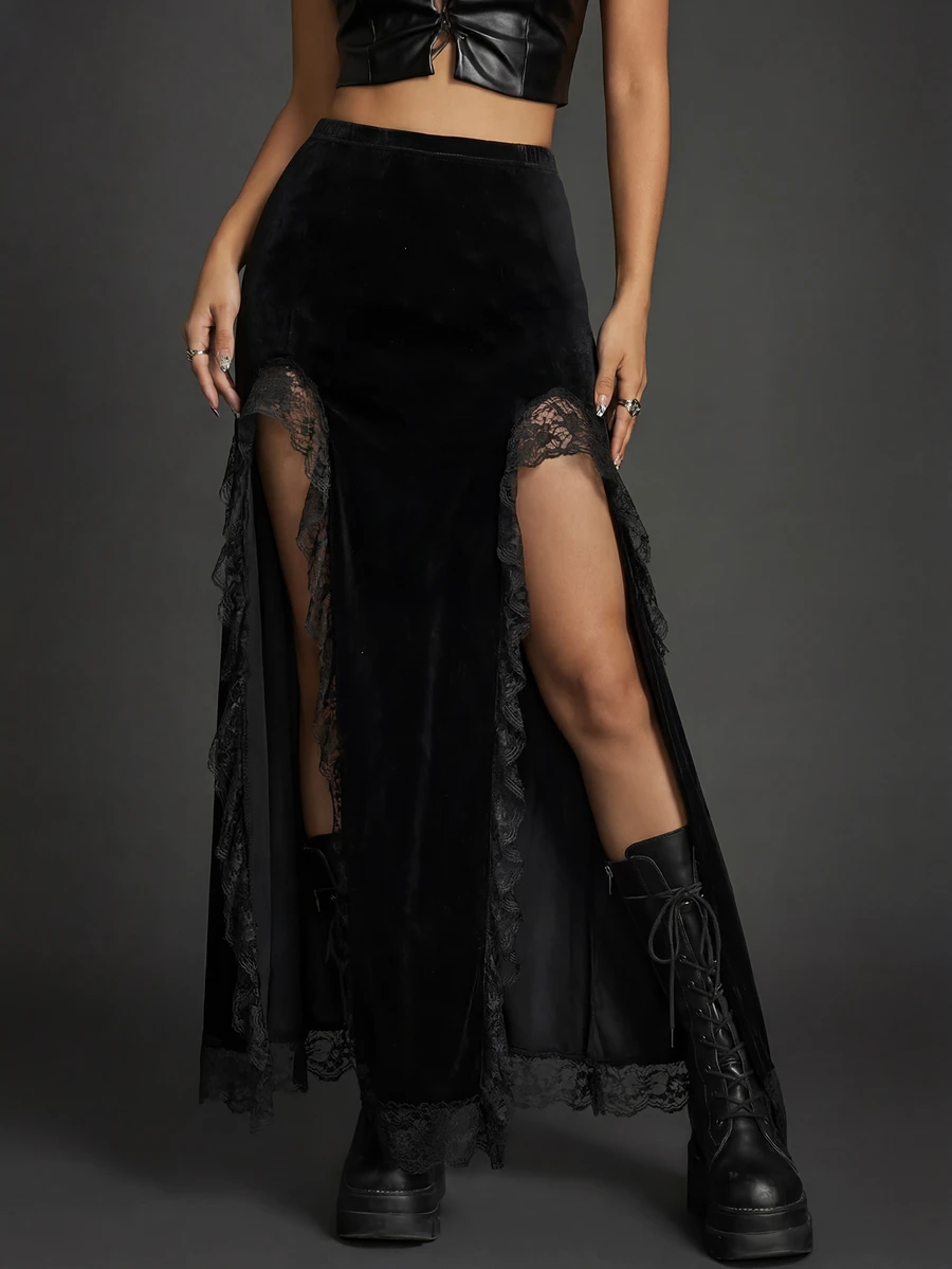 Women's Gothic Dark Style Solid Color Party Knitted Fabric High Slit Lace Patchwork Mini Skirt, Spring/Summer - Black - View 1