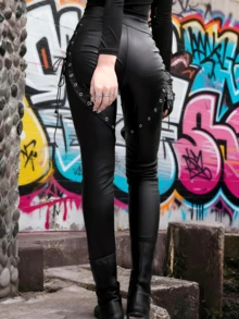 Plus Size Punk Style Lace-Up Decor Skinny Stretch Faux PU Leggings, Y2K Spring Black - Black - View 2