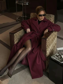 Abrigo de lana clásico de doble botonadura para mujer, nueva llegada de invierno - Burdeos - Ver 2