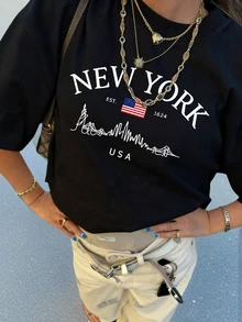 Camiseta de mujer de verano de ajuste holgado con cuello redondo y manga corta, con estampado de eslogan simple, estilo casual de vacaciones. Blusa de moda apta para uso diario y de vacaciones. - Negro - Ver 4
