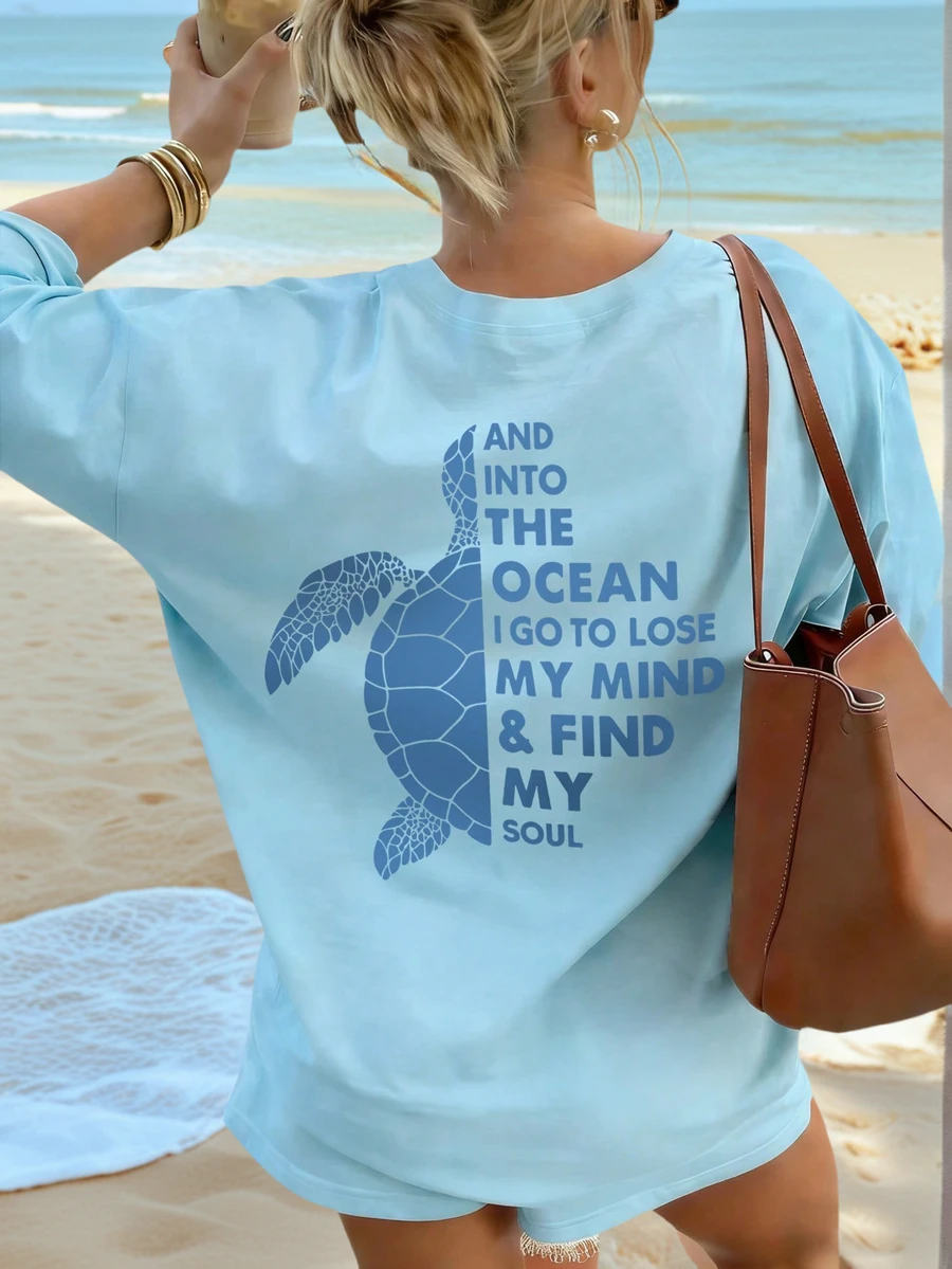 Women's Summer New Simple Slogan Print Casual Vacation Loose Fit Round Neck Short Sleeve T-Shirt, Fashionable Everyday Top, Suitable For Daily And Vacation Wear. Women's T-Shirt Top. - Baby Blue - View 1