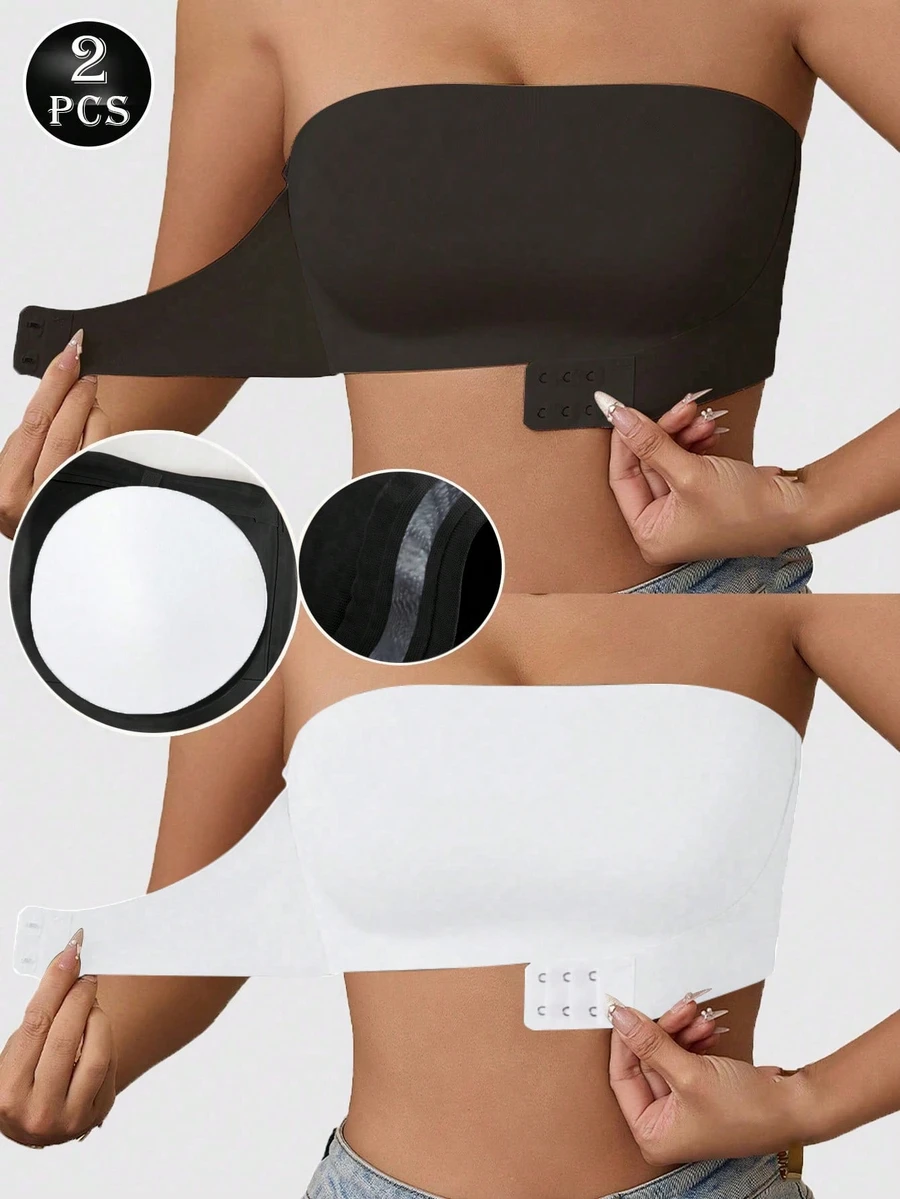 2pcs/Set Sexy Strapless Bra, Seamless Invisible Push-Up Bra Set, 2pcs Front Closure Bandeau Top, Wireless Wedding Bra, Breathable Lingerie - Multicolor - View 1