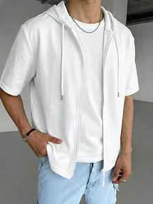 Men's Casual Solid Color Minimalist Versatile Hooded Short Sleeve T-Shirt, Summer - White - View 2