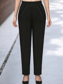 Women's Black Knitted Tapered Carrot Pants, Button Detail, Long Length, Slightly Stretchy, Suitable For Daily Wear - Black - View 1