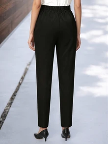 Women's Black Knitted Tapered Carrot Pants, Button Detail, Long Length, Slightly Stretchy, Suitable For Daily Wear - Black - View 2