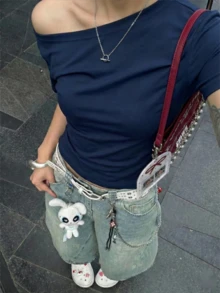 Áo thun nữ mùa hè 2026 mới, kiểu dáng ôm vai lệch, đa năng phong cách Hàn Quốc, vai bất đối xứng, thích hợp mặc thường ngày. - Màu xanh hải quân - Xem 2