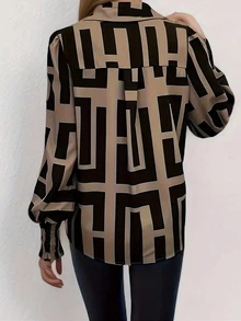 PETITE 女式时尚抽象印花长袖衬衫，常规版型，梭织面料，百搭日常设计 - 彩色 - 查看 2