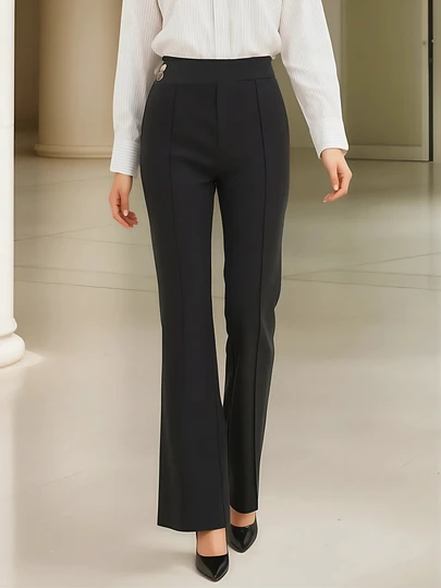 Women's Fashionable Knit Straight-Leg Pants, Black, Button Decor, Slightly Stretchy, Comfortable Wear