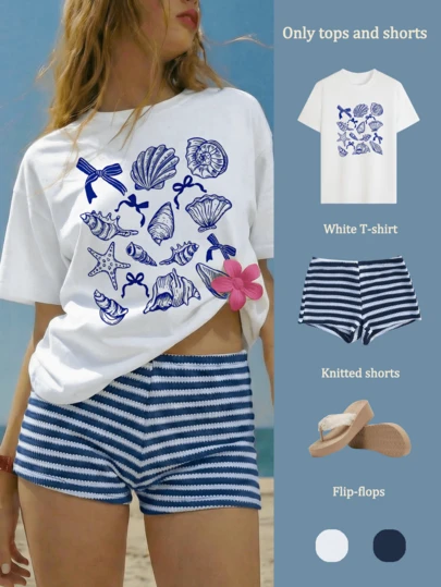 女士白色短袖T恤+蓝白条纹短裤两件套，优雅休闲沙滩度假风，镂空针织短裤和T恤上衣，饰有水下元素印花