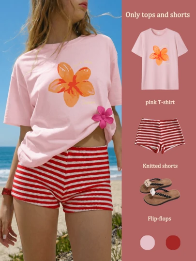 两件套女士优雅休闲沙滩风套装：粉色短袖T恤+红白条纹短裤