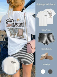 Ensemble 2 pièces T-shirt blanc à manches courtes + Short rayé noir & blanc pour femmes, style élégant et décontracté pour vacances à la plage, été - Blanc - Voir 2