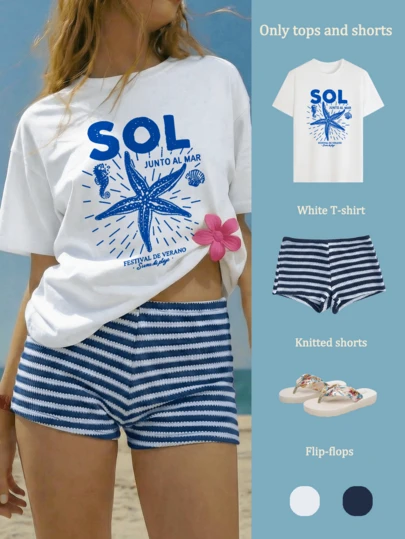 两件套：女士白色短袖T恤+蓝白条纹短裤，优雅休闲沙滩度假风，针织短裤搭配度假印花T恤，夏季