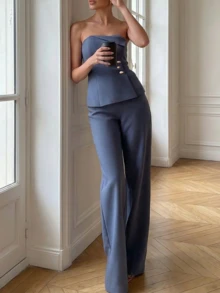 2pcs/Set Elegant Minimalist Holiday Party Commute Business Suit Co-Ord Sets Women, Autumn Strapless Waist Fitted Top & Pants Summer - Blue - View 1