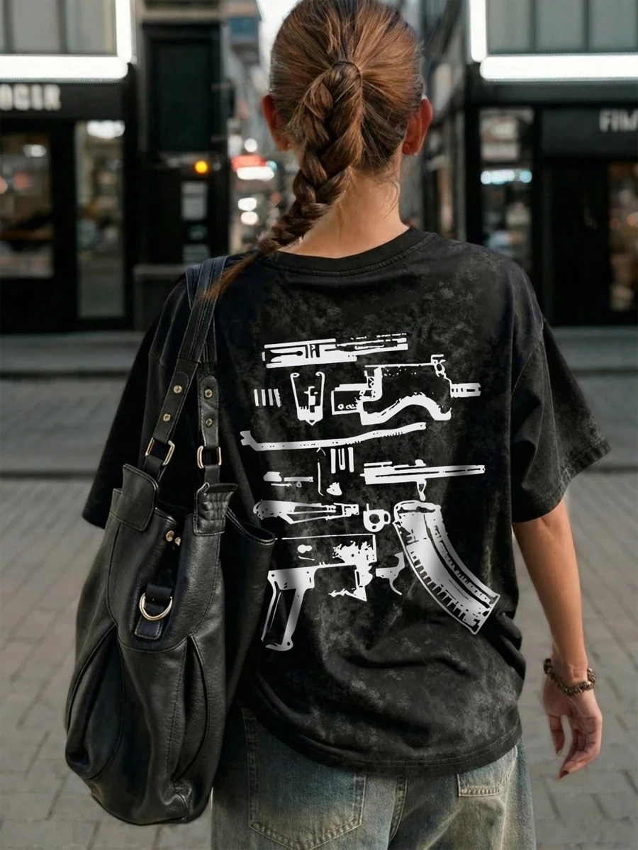 夏季新款时尚英文标语印花休闲圆领扎染短袖T恤，百搭时尚图案设计，适合女性，黑色 - 黑色 - 查看 1