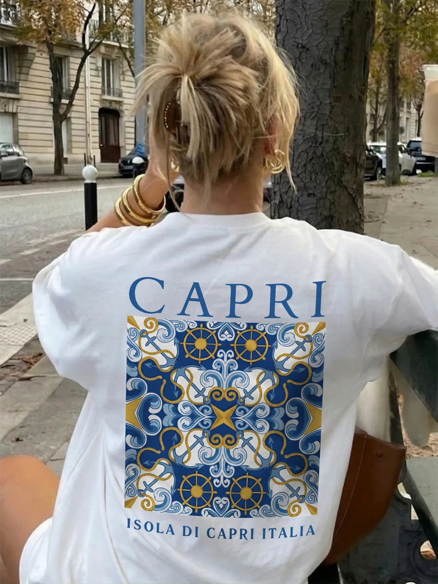 女士夏季时尚潮流字母印花宽松休闲T恤，百搭日常休闲装，度假穿搭 白色 - 白色 - 查看 1