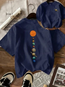 女款美式復古太陽系行星印花圓領短袖T恤，寬鬆休閒百搭上衣，適合夏季、日常活動、工作、辦公室與聚會 - 藏青 - 查看 2