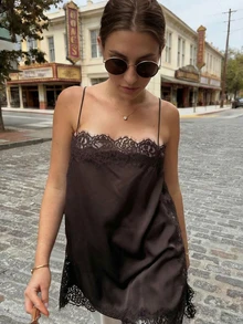 SEREN 夏季新款蕾丝边吊带背心，休闲宽松性感，适合度假穿着，棕色吊带背心，棕色上衣，适合音乐节、夏季假日穿着。 - 咖啡棕 - 查看 2