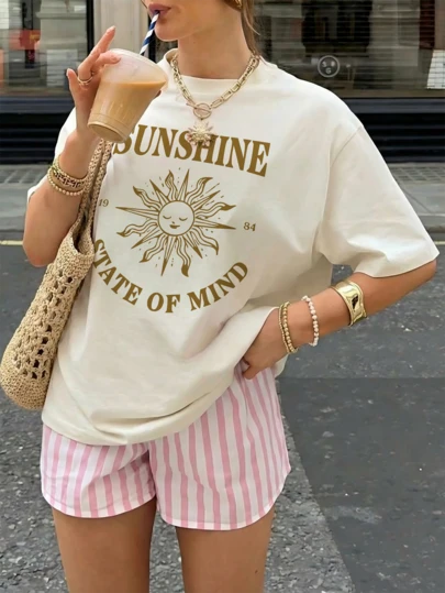 Camiseta holgada de verano para mujer con estampado de letras, estilo casual versátil para uso diario, camiseta gráfica, atuendo de vacaciones